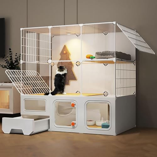 DIY-Haustierzaun, Panorama-transparente Katzengehege, Katzentransportbox mit Katzentoilette, Mehrschichtige Plattform, Extra Großer Platz(B-107x47x107cm) von Pucaru