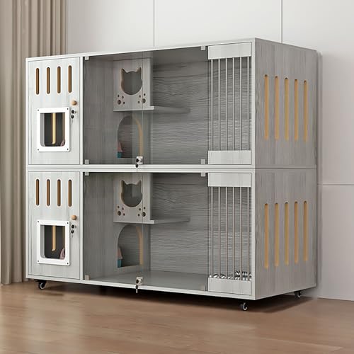 Doppelschichtiger Katzenschrank, Katzenkäfig, Katzenvilla Komplett aus Massivholz, Belüftung auf Beiden Seiten, Große Plattform, Leicht zu Pflegen(Grey,140x60x114cm) von Pucaru