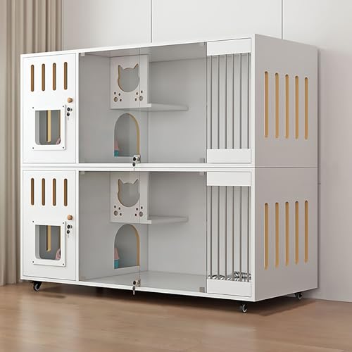 Doppelschichtiger Katzenschrank, Katzenkäfig, Katzenvilla Komplett aus Massivholz, Belüftung auf Beiden Seiten, Große Plattform, Leicht zu Pflegen(White,140x60x114cm) von Pucaru