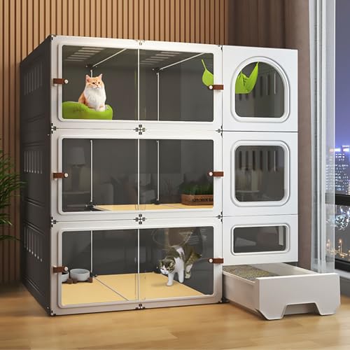 Große 3-stöckige Transparente Katzenvilla, Katzenkäfig mit Katzentoilette, DIY-Katzenlaufstall, Ausschnittdesign An der Seitenwand(Black,106x46.5x106cm) von Pucaru