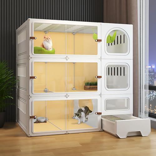 Große 3-stöckige Transparente Katzenvilla, Katzenkäfig mit Katzentoilette, DIY-Katzenlaufstall, Ausschnittdesign An der Seitenwand(White,106x46.5x106cm) von Pucaru