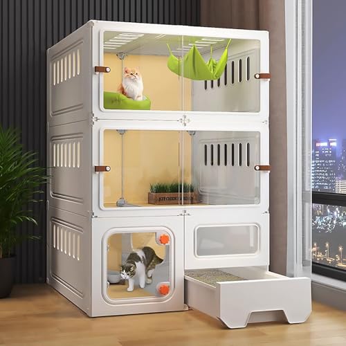 Große 3-stöckige Transparente Katzenvilla, Katzenkäfig mit Katzentoilette, DIY-Katzenlaufstall, Ausschnittdesign An der Seitenwand(White,71x46.5x106cm) von Pucaru