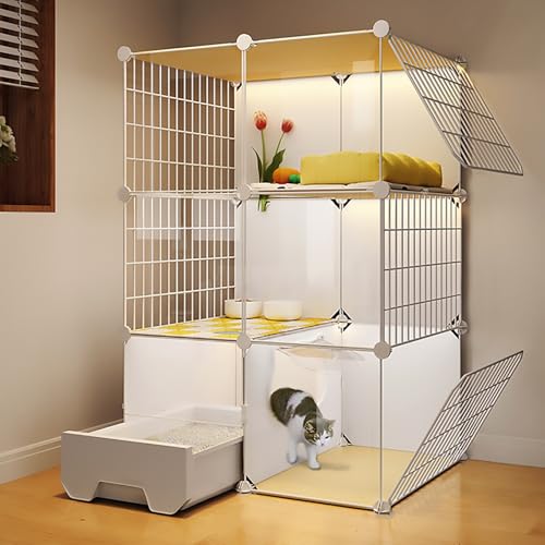 Großer 3-stöckiger Katzenkäfig, Katzenzwinger für den Innenbereich, Transparente DIY-Katzenvilla, Zusammengebaute Katzengehege, mit Katzentoilette(75x49x109cm) von Pucaru