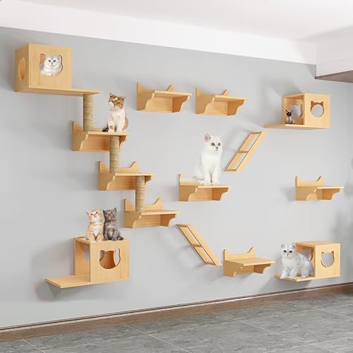 Katzen-Klettergerüst-Set zur Wandmontage aus Massivem Holz für den Innenbereich, Katzenregale, Sprungplattform, Katzennest, Katzenkratzbaum(Size:Style2) von Pucaru