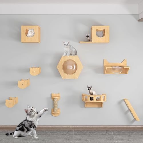 Katzen-Klettergerüst-Set zur Wandmontage aus Massivem Holz für den Innenbereich, Katzenregale, Sprungplattform, Katzennest, Katzenkratzbaum(Size:Style4) von Pucaru