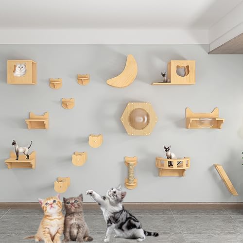 Katzen-Klettergerüst-Set zur Wandmontage aus Massivem Holz für den Innenbereich, Katzenregale, Sprungplattform, Katzennest, Katzenkratzbaum(Size:Style5) von Pucaru