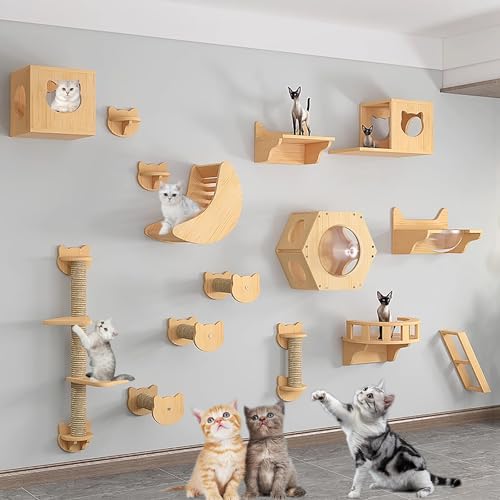 Katzen-Klettergerüst-Set zur Wandmontage aus Massivem Holz für den Innenbereich, Katzenregale, Sprungplattform, Katzennest, Katzenkratzbaum(Size:Style6) von Pucaru
