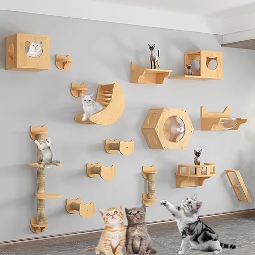 Katzen-Klettergerüst-Set zur Wandmontage aus Massivem Holz für den Innenbereich, Katzenregale, Sprungplattform, Katzennest, Katzenkratzbaum(Size:Style7) von Pucaru