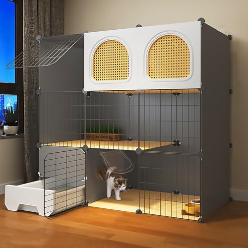 Katzengehege für Draußen für Hauskatzen, DIY-Katzenkäfig mit 3 Ebenen, Katzengehege, mit Geschlossener Katzentoilette, Abnehmbaren Metalldrahtzwingern(108x47x106cm) von Pucaru