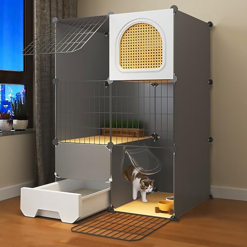 Katzengehege für Draußen für Hauskatzen, DIY-Katzenkäfig mit 3 Ebenen, Katzengehege, mit Geschlossener Katzentoilette, Abnehmbaren Metalldrahtzwingern(73x47x106cm) von Pucaru