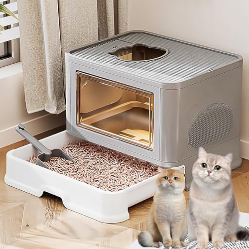 Pucaru Geschlossene Katzenklo mit Deckel, Katzenklo mit Hohen Seitenwänden, Katzentoilette mit Sieb, Katzentoilette mit Einstieg von Oben, Spritzschutz(Grey) von Pucaru