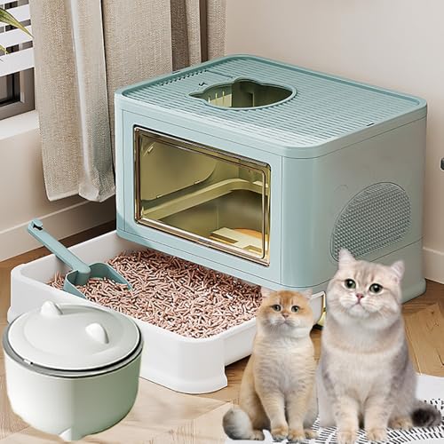 Pucaru Katzenklo mit Deckel Schublade, Katzenklo mit Hohem Rand und Schaufel, Große Katzentoiletten, mit Abfalleimer, Freier EIN- Und Ausstieg(Green) von Pucaru