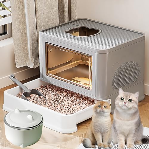 Pucaru Katzenklo mit Deckel Schublade, Katzenklo mit Hohem Rand und Schaufel, Große Katzentoiletten, mit Abfalleimer, Freier EIN- Und Ausstieg(Grey) von Pucaru