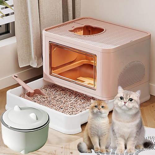 Pucaru Katzenklo mit Deckel Schublade, Katzenklo mit Hohem Rand und Schaufel, Große Katzentoiletten, mit Abfalleimer, Freier EIN- Und Ausstieg(Pink) von Pucaru