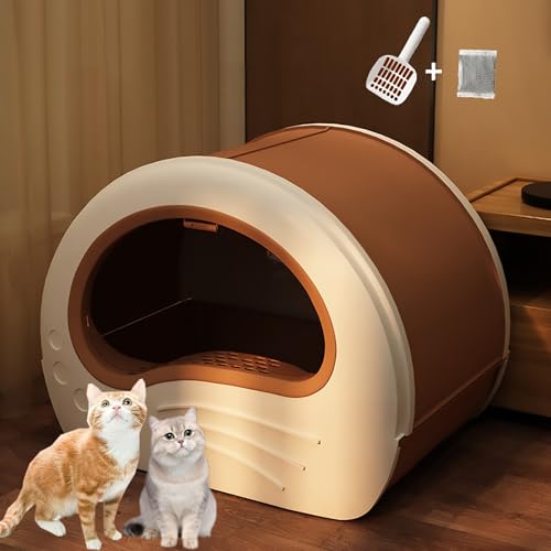 Pucaru Sandabweisende Katzentoilette, Großzügige Katzentoilette, Katzentoilette mit Hohen Seitenwänden, Raumkapsel-Design, Zwei-Wege-Auszug(Brown) von Pucaru