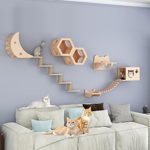 Wandmontierte Katzen Wandmöbel, Katzen Kletterwand Set, Katzengehwege für Wände mit Sisal-Kratzbaum, zum Spielen und Faulenzen(Size:Style1) von Pucaru