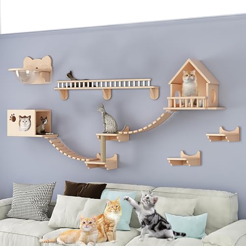 Wandmontierte Katzen Wandmöbel, Katzen Kletterwand Set, Katzengehwege für Wände mit Sisal-Kratzbaum, zum Spielen und Faulenzen(Size:Style7) von Pucaru