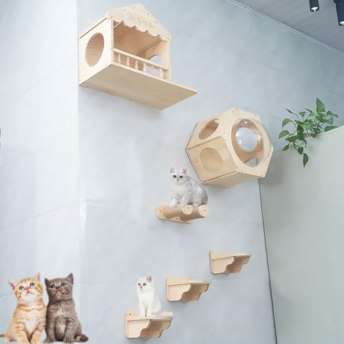 Wandregale und Sitzstangen für Katzen, Katzenwandregale, Wandmöbelset, DIY-Katzenwandspielplatz, zum Schlafen, Spielen, Klettern(Style5) von Pucaru