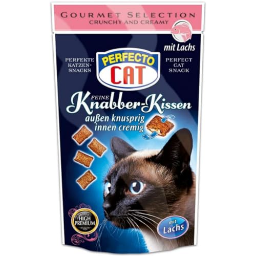 Perfecto Cat Feine Knabber Kissen mit Lachs Snackfutter für Haustiere Katzen 50 Gramm von Pufai