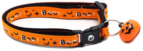 Boo! Halloween-Katzenhalsband mit Glöckchen, Sicherheitsverschluss, verstellbar, Größe L oder Kätzchenhalsband (Orange, Größe L (4,5 kg und höher) von Pugs to Persians