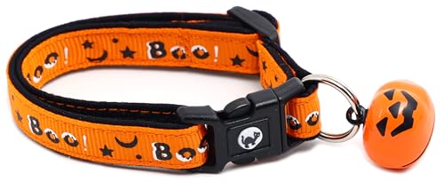 Boo! Halloween-Katzenhalsband mit Glöckchen, Sicherheitsverschluss, verstellbar, Größe L oder Kätzchenhalsband (Orange, Größe S (4,5 kg und weniger)) von Pugs to Persians