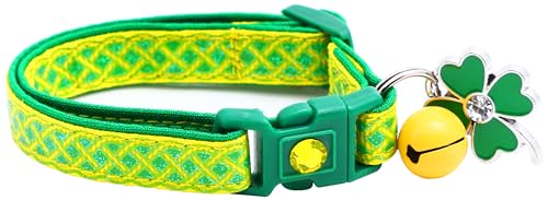 Celtic Knot St. Patrick's Day Katzenhalsband mit Glöckchen und Anhänger, Sicherheits-Halsband, verstellbar, Größe L oder Kätzchenhalsband, Gelb, Größe S (4,5 kg und weniger)) von Pugs to Persians