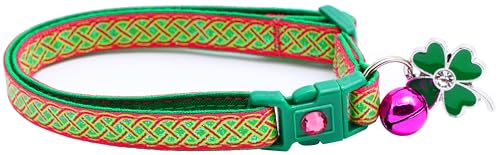 Celtic Knot St. Patrick's Day Katzenhalsband mit Glöckchen und Anhänger, Sicherheits-Halsband, verstellbar, Größe L oder Kätzchenhalsband, Rosa, Größe L (4,5 kg und höher) von Pugs to Persians