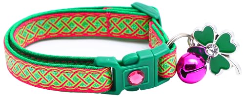 Celtic Knot St. Patrick's Day Katzenhalsband mit Glöckchen und Anhänger, Sicherheits-Halsband, verstellbar, Größe L oder Kätzchenhalsband, Rosa, Größe S (4,5 kg und weniger)) von Pugs to Persians