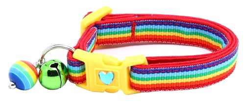 Gestreiftes Katzenhalsband mit Glöckchen, Sicherheitsverschluss, verstellbar, Größe L oder Kätzchenhalsband (Retro-Regenbogen, Größe L (4,5 kg und höher) von Pugs to Persians