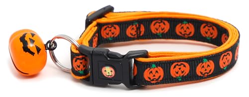 Halloween-Katzenhalsband mit Glöckchen, Sicherheits-Halsband, verstellbar, Größe L oder Kätzchenhalsband (abwechselnde Jack-o-Lanter, Größe L (4,5 kg und höher) von Pugs to Persians