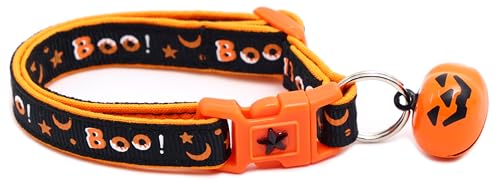 Jack-o-Lantern Halloween-Katzenhalsband mit Glöckchen, Sicherheits-Halsband, verstellbar, Größe L oder Kätzchenhalsband (Schwarz, Größe S (4,5 kg und weniger)) von Pugs to Persians