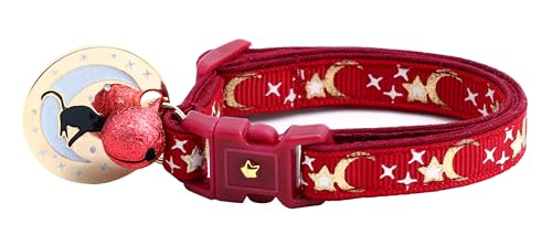 Katzenhalsband mit Glöckchen, Sicherheits-Halsband, verstellbar, Größe L oder Kätzchenhalsband (Rot und Gold, Größe L (4,5 kg und höher) von Pugs to Persians