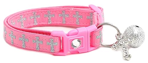 Kreuz Katzenhalsband mit Anhänger und Glocke, Safe Halsband abnehmbar, verstellbar, Übergröße oder Katzenhalsband (S (4,5 kg und weniger), pink) von Pugs to Persians