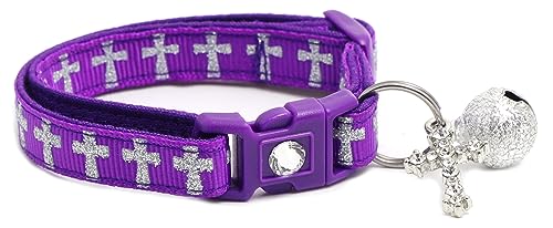 Kreuz-Katzenhalsband mit Anhänger und Glöckchen, Sicherheits-Halsband, verstellbar, Größe L oder Kätzchenhalsband (Größe S (4,5 kg und weniger), Violett von Pugs to Persians