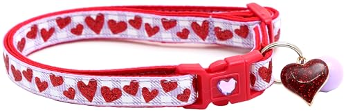 Valentinstag-Katzenhalsband mit Glöckchen, Sicherheitsverschluss, verstellbar, Größe L oder Kätzchenhalsband (rotes Glitzerherz auf Hellviolett, Größe L (4,5 kg und höher) von Pugs to Persians