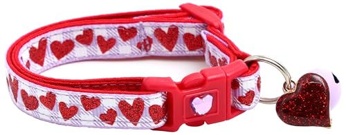 Valentinstag-Katzenhalsband mit Glöckchen, Sicherheitsverschluss, verstellbar, Größe L oder Kätzchenhalsband (rotes Glitzerherz auf Hellviolett, Größe S (4,5 kg und weniger)) von Pugs to Persians