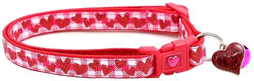 Valentinstag-Katzenhalsband mit Glöckchen, Sicherheitsverschluss, verstellbar, Größe L oder Kätzchenhalsband (rotes Glitzerherz auf leuchtendem Rosa, Größe L (4,5 kg und höher) von Pugs to Persians