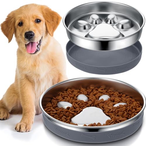 PullCrease 2 Stück Slow Feeder Hundenapf Edelstahl rutschfest Metall Slow Feeding Napf 2 Tassen Metall Futternapf Hund Wassernapf für Hunde Bloat Stop Pet Bowl für schnelle Esser, verlangsamt das von PullCrease