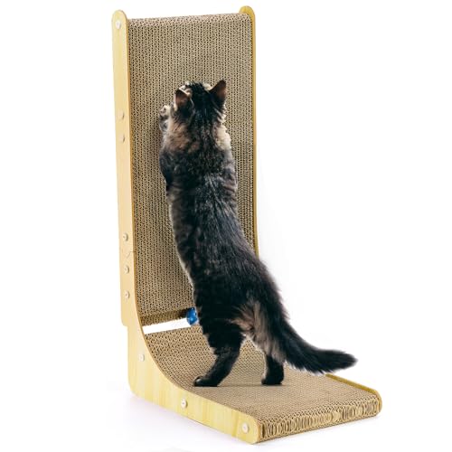 Pumtus L Shape Cat Scratcher, 26 Zoll Cat Scratch Pad, Katzenkratzbrett mit Eingebautem Ball Spielzeug, Indoor Katzen Karton Lounge Bett, Wandmontage Katzenkratzer für Wand und Möbel Schutz von Pumtus