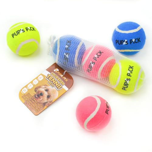 Pup's Pick Quietschende Tennisbälle für Hunde, 6,3 cm, 3 Stück in leuchtenden Farben (Gelb, Blau, Rosa), lustige Hundebälle zum Apportieren und Spielen, Quietschbälle für Hunde (3 Farben) von Pup's Pick