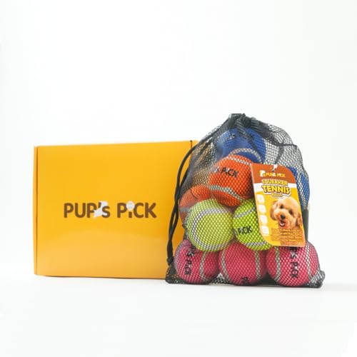 Pup's Pick Quietschende Tennisbälle für Hunde – 6,3 cm Hunde-Tennisbälle, 12 Stück in hellen Farben (gelb, blau, rosa, orange), lustige Hundebälle zum Apportieren und Spielen, quietschende Bälle für von Pup's Pick