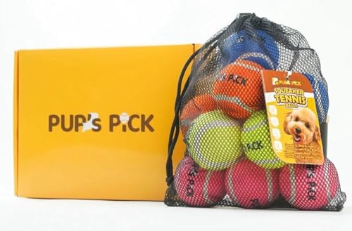 Pup's Pick Quietschende Tennisbälle für Hunde – 6,3 cm Hunde-Tennisbälle, 12 Stück in hellen Farben (gelb, blau, rosa, orange), lustige Hundebälle zum Apportieren und Spielen, quietschende Bälle für von Pup's Pick