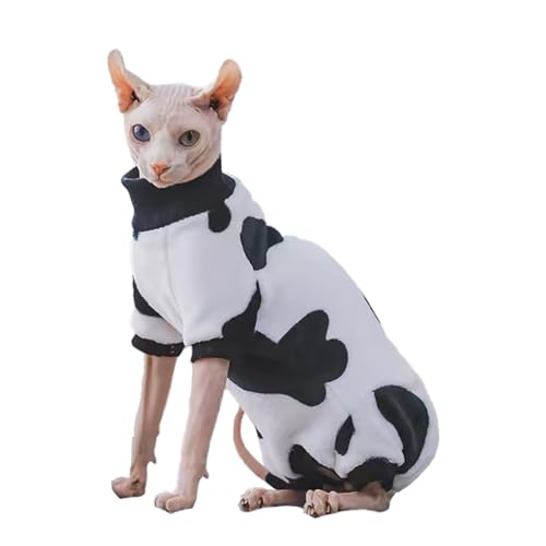 Sphynx Warmer Rollkragenpullover mit 4 Beinen, dicke, weiche, doppelseitige Fleece-Kleidung für Katzen, Winter-Einteiler für Katzen und kleine Hunde, Pyjama für Katzen und Welpen (Kuhmuster (4 Beine), von PupCorner