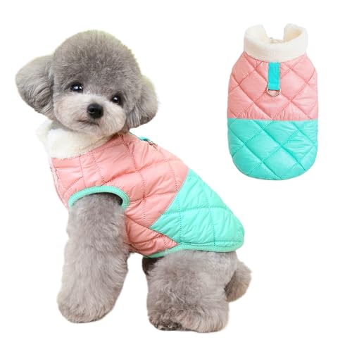 Warme Jacke für Katzen und kleine Hunde, dicker, weicher, ärmelloser Mantel mit Schnalle für Katzen, Winterweste mit Fleece-Innenseite für Katzen und kleine Hunde (Rosa und Grün, Größe L (4-6 kg)) von PupCorner