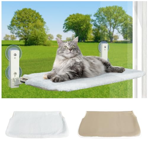 Pupagree 50,8 cm faltbare Katzen-Fensterstange für Indoor-Katzen, schnurlose Katzenhängematte, Fenstersitz mit 4 Saugnäpfen, stabiler Stahlrahmen, Fensterhängematte für innen (Polsterbett, weiß) von Pupagree