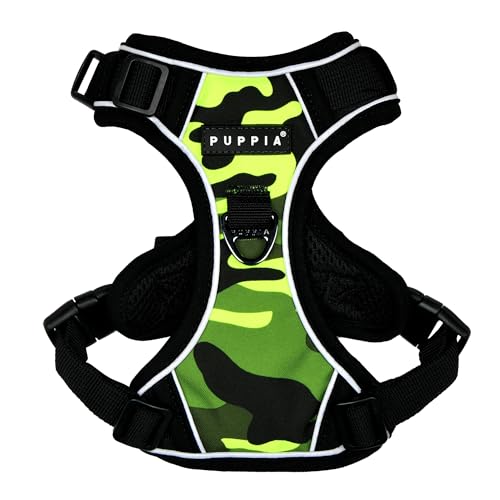 Puppia Battle Dog Harness H, stabil, verstellbar, Hals und Brust, reflektierendes Camouflage-Muster, Vorder- und Rückseite, D-Ring für kleine und mittelgroße Hunde, Grün, Größe XXL von Puppia