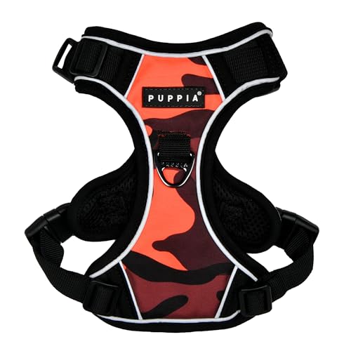 Puppia Battle Dog Harness H, stabil, verstellbar, Hals und Brust, reflektierendes Tarnmuster, Vorder- und Rückseite, D-Ring für kleine und mittelgroße Hunde, Orange, Größe M von Puppia