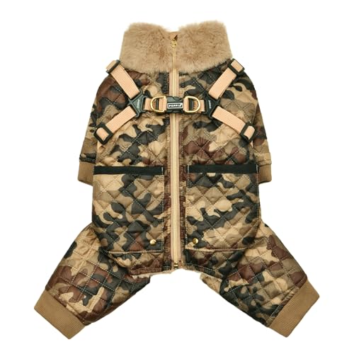 Puppia Bylur Warmer Winter-Overall mit Stehkragen und durchgehendem Reißverschluss und integriertem Geschirr für kleine und mittelgroße Hunde, Beige, Größe M von Puppia