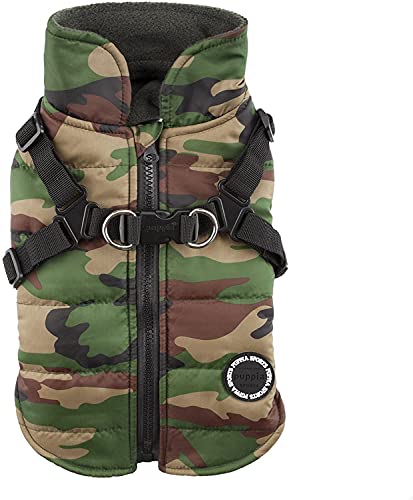 Puppia Hochwertiger Hundemantel für kleine Hunde und mittelgroße Hunde - wasserdicht und mit Fleece gefüttert für angenehme Wärme - Hundemantel mit Geschirr, Camouflage, S von Puppia