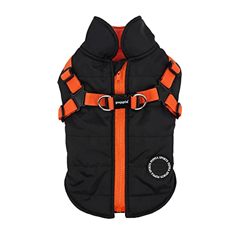 Puppia Hochwertiger Hundemantel für kleine Hunde und mittelgroße Hunde - wasserdicht und mit Fleece gefüttert für angenehme Wärme - Hundemantel mit Geschirr, Schwarz-Orange, XL Mountaineer II von Puppia